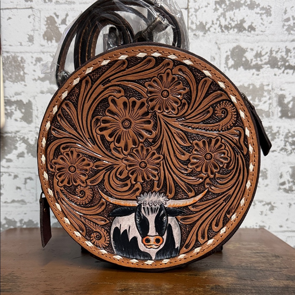 Round Floral Tooled Leather Canteen Bag